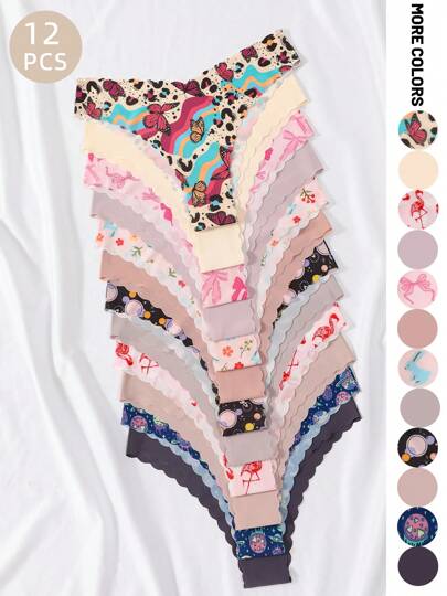 12 条装女士舒适透气可爱印花波浪无缝内裤，日常穿着和运动/瑜伽 V 形腰带