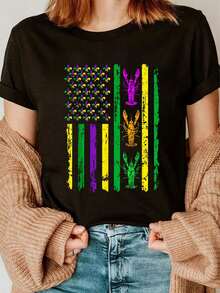 Carnival Mardi Gras USA American Flag Crawfish Parade Outfit T-Shirt - 黑色 - 查看 1