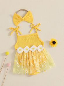 Newborn Girl Outfit, Sleeveless Flower Print Tulle Patchwork Romper Dress With Bowknot Hairband Summer Clothes - 黃色 - 查看 5
