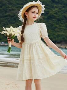 ASK JUNIOR 少女甜美海滩度假风飘逸雪纺公主裙 - 米色 - 查看 3