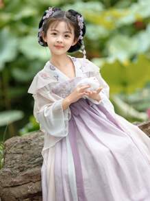 Vestido de manga larga estilo Hanfu para niñas, color lavanda, moda antigua china