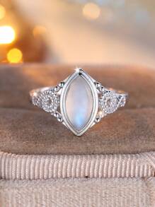 1pc Elegant 925 Sterling Silver Moonstone Moon Eye Shaped Ring, A Special Birthstone Commemorative Gift Jewelry For Women
