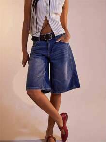 Womens Knee Length Denim Shorts Solid Color Low Waist Wide Leg Jean Shorts For Summer - Blue - View 4