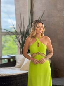 LONG DRESS WITH CUTOUT. - Lime Green - View 3