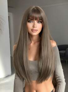 Tóc giả dài thẳng màu nâu pha trộn 22 inch có mái, tóc giả bện sợi tổng hợp, tóc giả thời trang dành cho nữ, phù hợp cho các bữa tiệc, ngày lễ, nhập vai, kỳ nghỉ và sử dụng hàng ngày. - màu nâu - Xem 1