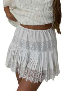 Awevudst Women Eyelash Lace Trim Short Mini Skirt High Waist Pleated Ruffle Half Slip Underskirts Layered Satin Short A-Line Skirt Beachwear Party Clubwear - trắng - Xem 7