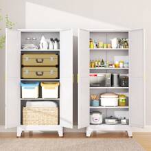 75.2"H Pantry Storage Cabinet, Kitchen Storage Cabinets With Adjustable Feet And Shelves, Metal Pantry Cabinet For Kitchen, Living Room, Laundry Room And Dinning Room