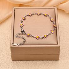 1pc Women Stainless Steel Colorful Daisy Flower Chain Bracelet, Fashion Everyday Versatile - Multicolor - View 10