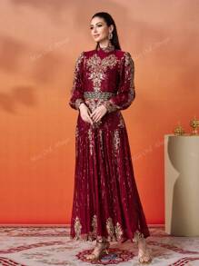 Women's Elegant Floral Print Long Sleeve Prom Dress,Party Dress,Gown,Formal,Evening,Wedding Guest