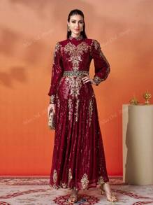 Women's Elegant Floral Print Long Sleeve Prom Dress,Party Dress,Gown,Formal,Evening,Wedding Guest