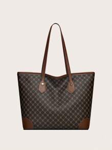 2pcs Set: Vintage Printed Tote Bag + Wallet, Fashion Large Capacity Handbag For Middle-Aged Women - Brown - View 6