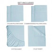 LUX DECOR 6-Piece Embroidered Bed Sheet Set – Brushed Microfiber, Deep Pocket, Lightweight & Breathable – Graduation Gifts, Home Decor, Sleep Protection For Dorms, Student Beds, Back‑To‑School Gift, Soft Bed Linens, Comfortable Sleep, Luxury Bed Set, Valentine's Day Bedroom, Spring Bedding Refresh, Guest Room Essentials, Dorm Room Bedding, Premium Bed Linens, Easy Care Sheets, Hypoallergenic Fabric, Year-Round Comfort, Master Bedroom Update, Matching Bedding Set, Hotel Quality Linens - 藍色 - 查看 3