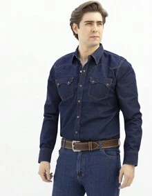 Camisa Mezclilla Manga Larga Azul INDIGO Hombre Modelo 604, Con Bolsas Frontales | RIDER JEANS - Azul - Ver 1