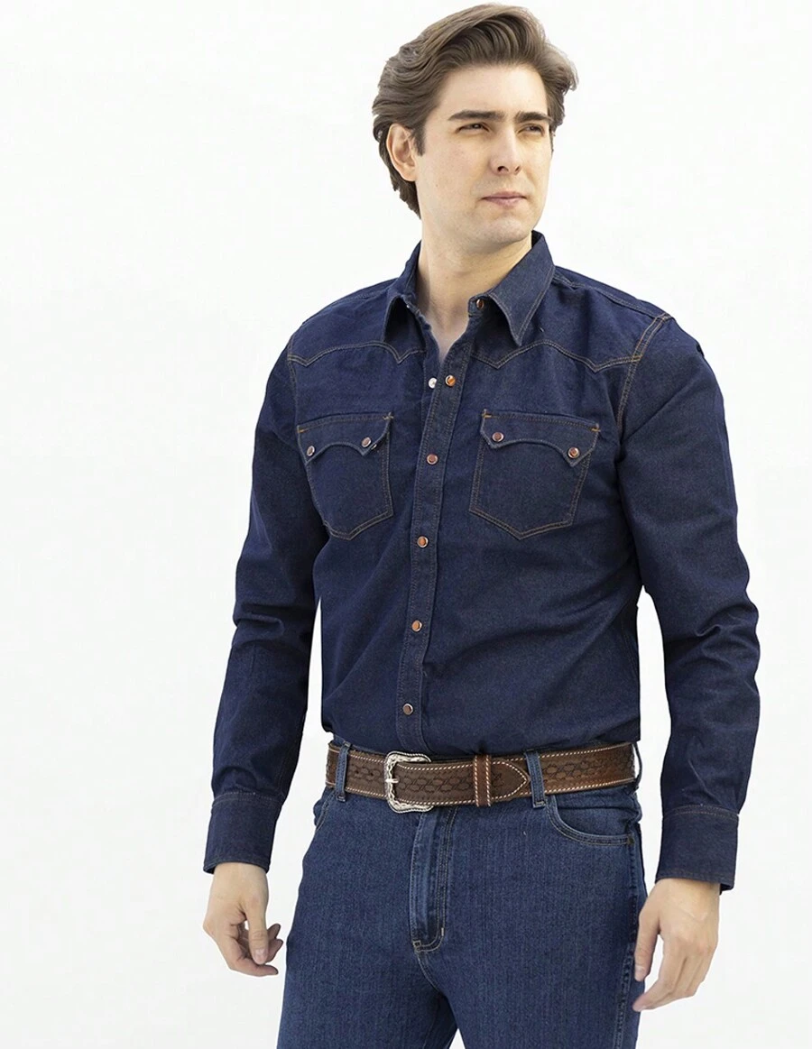 Camisa Mezclilla Manga Larga Azul INDIGO Hombre Modelo 604, Con Bolsas Frontales | RIDER JEANS - Azul - Ver 1