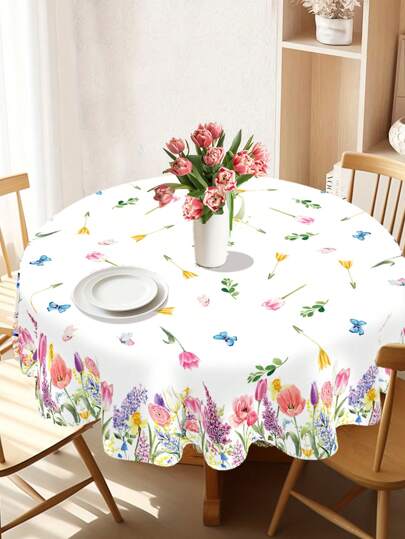 1 块圆形花卉图案桌布，涤纶春夏主题桌布，生日婚礼派对装饰，季节性花卉餐桌装饰，家居装饰，厨房野餐用品，蝴蝶派对装饰，春季装饰，婴儿淋浴