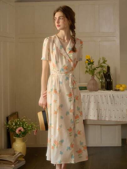 Simple Retro Women's Spring And Summer Holiday Style Full Width Print Straps Yellow Apricot Elegant Retro Elegant Casual Midi Dresses
