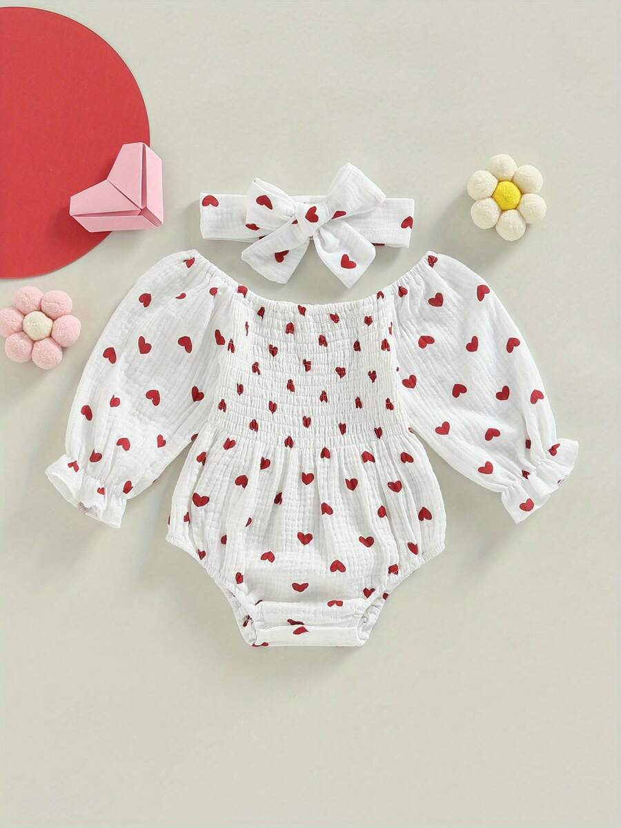 Newborn Baby Girls Valentine's Day Romper Long Sleeve Off Shoulder Ruched Playsuit Newborn Outfits With Headband - trắng - Xem 1