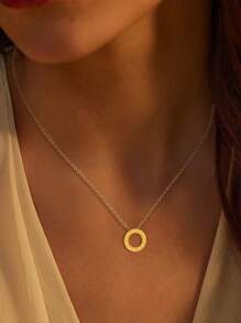 1 件罗马数字吊坠项链新款时尚空心圆形不锈钢项链链首饰女士 - 金色 - 查看 2