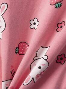 Set de 4 piezas de pijama de primavera/verano para niñas jóvenes con estampado de oso lindo y conejito de fresa en parte superior de manga larga y pantalón largo