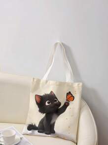 Katzen-Muster beidseitig bedruckte Schultertasche, bedruckte Handtasche, lässige Reise-Strandtasche mit großer Kapazität, wiederverwendbare Schulter-Einkaufstasche, Damen lässige Schultertasche, Handtasche mit großer Kapazität, Segeltuch-Strandtasche, Handtasche, Einkaufstasche, bedruckte Damen Einkaufstasche für den Rücken zur Schule, Schulmaterial, Rückkehr zur Schule