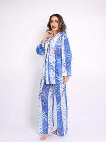 Printed Tulle Beach Cover-Up Shirt And Pants Set - Blue and White - View 3