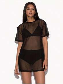 Women Bikini Fishnet Cover-Ups Short Sleeve See-Through Black Blouse Sheer Mesh Round Neck Tops
