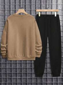 Men's Casual Soft & Comfortable Sweatsuit Set, Minimalist Printed Pattern, Khaki Crew Neck Pullover Sweatshirt Paired With Slim Fit Sweatpants, Autumn Outfit - Khaki - View 4