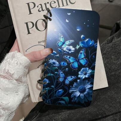 蝴蝶 1 件书本式手机壳 兼容 iPhone 16 PROMAX/11/12/13 PROMAX/14 PROMAX/15 - 透明 带花卉印花和黑色圆环