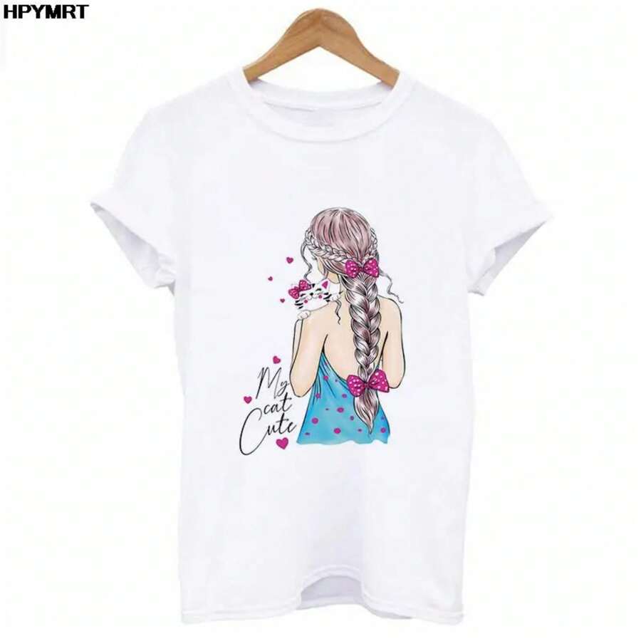 New Summer Girl Hugging Cat Printing T Shirt Women Casual Tshirts Tees Harajuku Korean Style Graphics Tops Kawaii Female T-Shirt - White - View 1