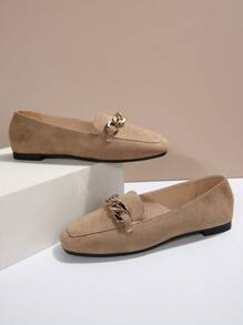 女士金属链方头低跟休闲芭蕾平底鞋，舒适乐福鞋适合日常穿着、办公室、春秋季通勤，卡其色