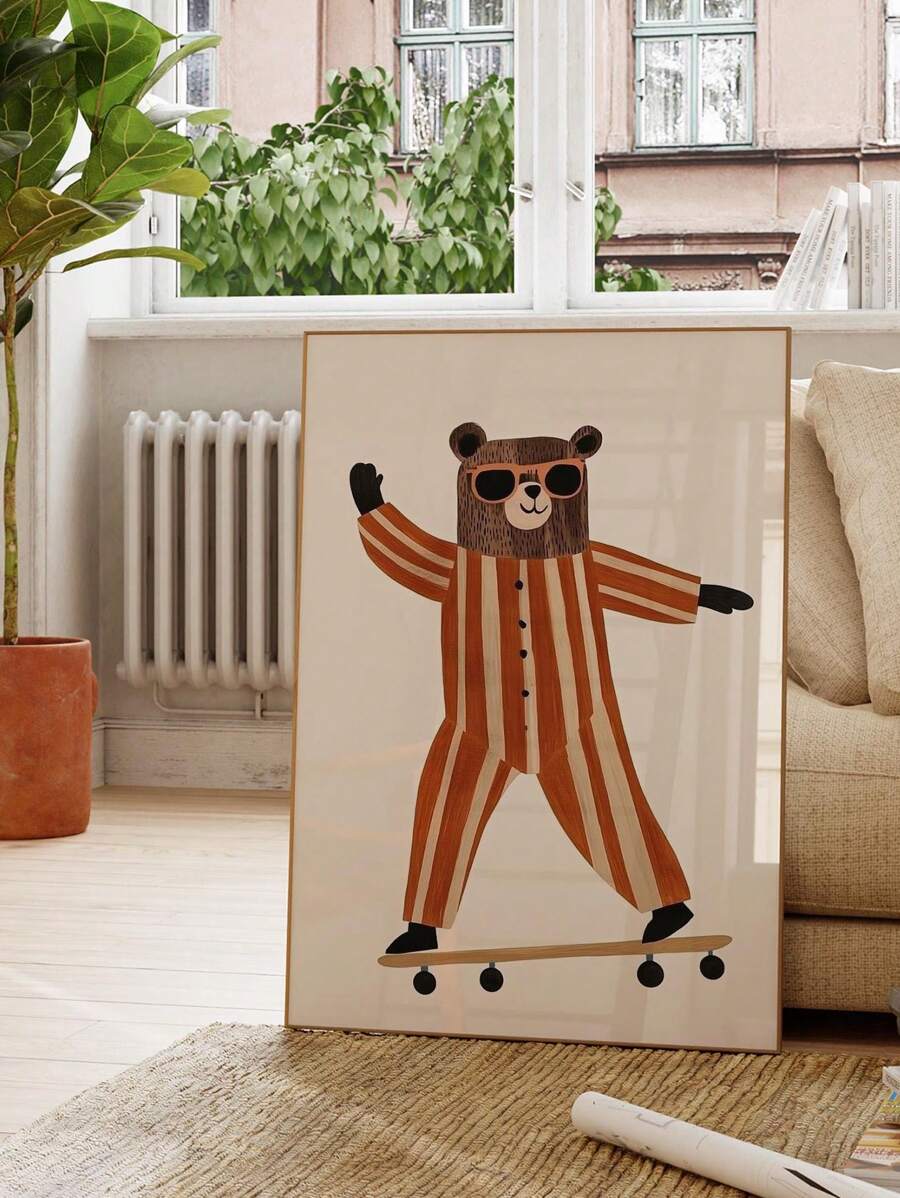 1 sztuka płótna ściennego z ramą, plakat, sztuka ścienna, wydruk na płótnie z deskorolką i niedźwiedziem, styl boho wiktoriańsko-amerykański, inspirująca dekoracja ścienna z motywem zwierząt, odpowiednia do domu, biura, salonu, sypialni, klasy - naklejka ścienna do wnętrz i na zewnątrz, prezent, urodziny, ukończenie szkoły