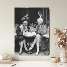 1 件无框，经典复黎咖啡馆帆布印刷品，黑白复古墙壁艺术，时尚女性喝咖啡，节日主题壁挂，通用款，无需电力或羽毛 - 彩色 - 查看 2