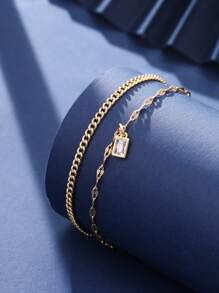 2 件装多层链条脚链，金色金属和唇形吊坠，方形方晶锆石吊坠多层脚饰，独特的原创女士礼物 - 金黃色 - 查看 2