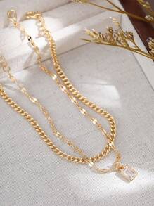 2 件装多层链条脚链，金色金属和唇形吊坠，方形方晶锆石吊坠多层脚饰，独特的原创女士礼物 - 金黃色 - 查看 4