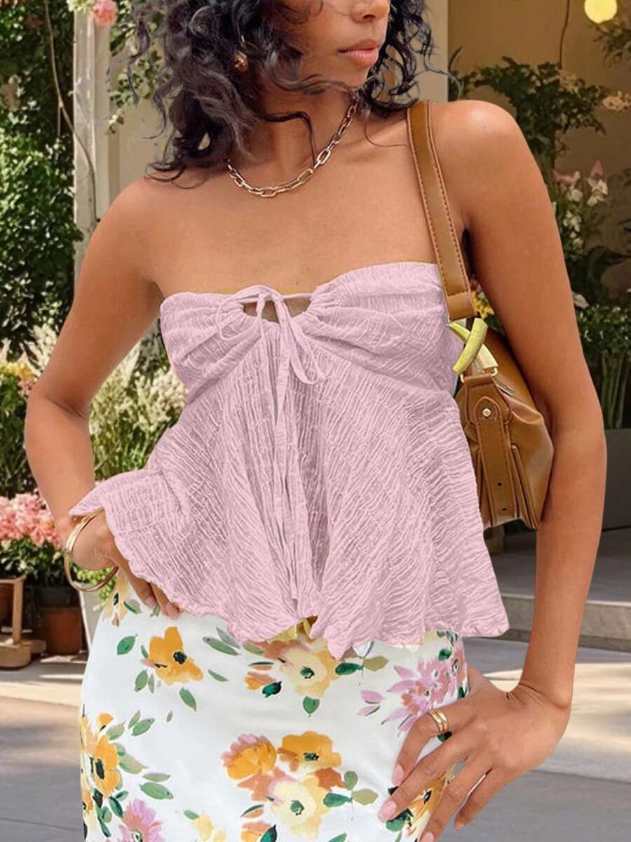 Women Y2k Tube Tops Fairy Grunge Strapless Wrap Chest Boat Neck Tie-Up Bandeau Tops Sexy Backless Ruffle Crop Going Out Tops Aesthetic Clothes Streetwear - Hồng - Xem 1