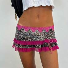 Women Low Waisted Leopard Print Mini Skirt Sexy Ruffle Lace Edge Mini Skirt Skorts - Màu đỏ tím - Xem 4