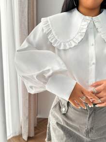 ELVA 女士加大码白色纯色彼得潘领纽扣前襟长袖衬衫，休闲日常、返校、情人节、新年、机场穿着皆宜 - 白色 - 查看 1