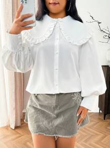 ELVA 女士加大码白色纯色彼得潘领纽扣前襟长袖衬衫，休闲日常、返校、情人节、新年、机场穿着皆宜 - 白色 - 查看 4