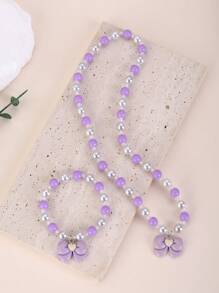2 件套儿童紫色蝴蝶结串珠项链和手链套装