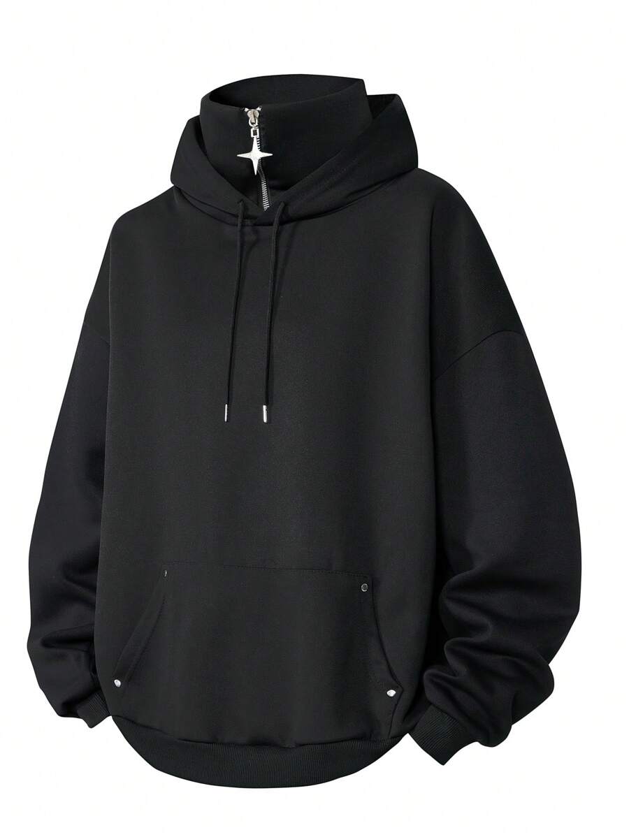 Men's Casual Solid Color Half-Zip Hoodie, Suitable For Spring & Autumn