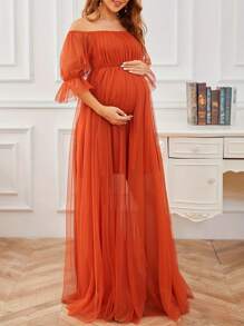 Women's Long Maternity Dress Off Shoulder Short Sleeve Tulle Gown Pregnancy Dress For Photoshoot