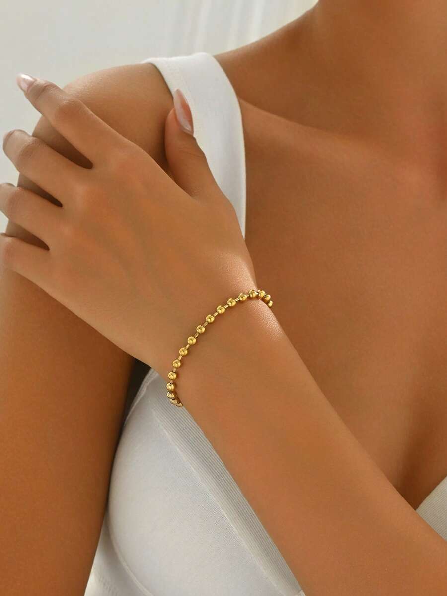 1pc Korean Minimalist Elegant Luxurious Versatile Fashion Accessory Personalized Round Bead Bracelet For Women, Titanium Steel Jewelry (Beads Random)