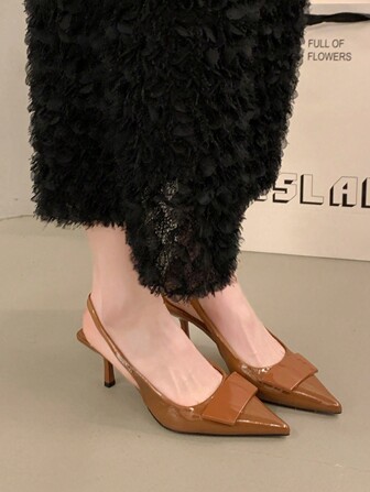 Women's 2025 Spring/Summer New Arrival French Elegant Pointed Toe Fashionable Versatile Stiletto Heel Backless Lace-Up High Heel Sandals, Suitable For Spring, Summer, Autumn, Bowknot Decor Solid Color Buckle Accent Must-Have Kitten Heel Pumps