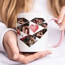 1 pièce de 11oz personnalisée avec plusieurs photos, motif d'amour, tasse à eau à fond plat et anse pleine d'amour, série de la Saint-Valentin, tasse à café en céramique, tasse à lait, réutilisable, cadeau de la Saint-Valentin pour elle, convient pour le thé de l'après-midi, la maison, le bureau
