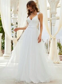 EVER-PRETTY Elegantes Brautkleid mit Spitzen- und Netzeinsätzen, weiß, für Sommer Garten- und Rasenhochzeiten