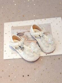 女孩亮面蝴蝶装饰舒适平底户外凉鞋 - 米色 - 查看 3