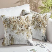 2 stuks pluche stoffen klassieke elegante decoratieve kussenslopen, ruitvormig bloemen- en zwanenpatroon, geschikt voor woonkamer en slaapkamer bank en stoelen (inzetstukken niet inbegrepen), 45x45cm