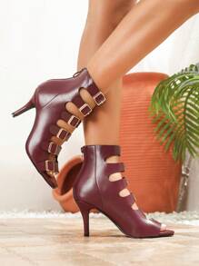 Women's Black Stiletto Ankle Boots, Spring/Summer New Fashion Versatile Zipper Back Strap Sandals, Round Toe High Heels, Outdoor Comfort Plus Size, Hollow-Out Breathable Short Boots, High Heel Roman Sandals - Burgundy - View 3