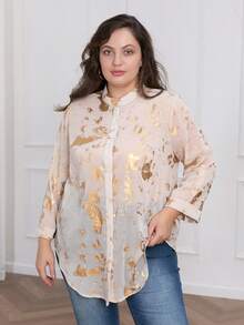 Women Plus Size Gold Foil Long Sleeve Single Breasted Loose Casual Blouse