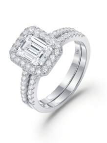 AIHUASI 2pcs/Set Dainty 925 Sterling Silver Wedding Engagement Women Rings Elegant Style 6*8mm 2.0Ct Emerald Cut Sparkling AAAAA Grade Cubic Zirconia Bridal Set Fine Jewelry Gift - Silver - View 7